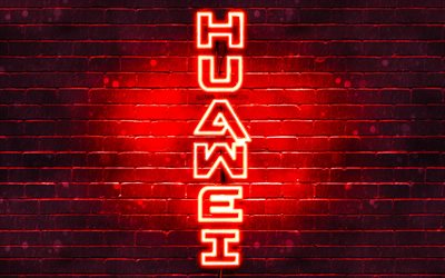 4K, Huawei rouge logo, texte vertical, rouge brickwall, Huawei n&#233;on logo, cr&#233;ation, logo Huawei, œuvres d&#39;art, Huawei