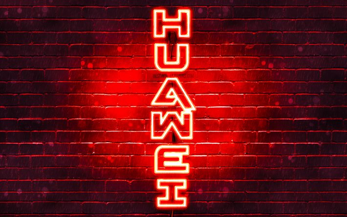 4K, Huawei punainen logo, pystysuora teksti, punainen brickwall, Huawei neon-logo, luova, Huawei logo, kuvitus, Huawei