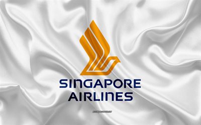 Singapore Airlines logo, airline, white silk texture, airline logos, Singapore Airlines emblem, silk background, silk flag, Singapore Airlines