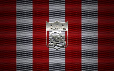 Sivasspor logo, Turkish football club, metal emblem, red and white metal mesh background, Super Lig, Sivasspor, Turkish Super League, Sivas, Turkey, football