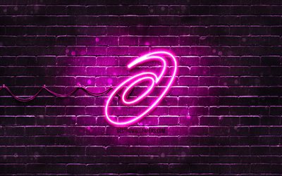 アシックスの紫のロゴ, 4k, 紫brickwall, アシックスロゴ, スポーツブランド, アシックスネオンのロゴ, アシックス