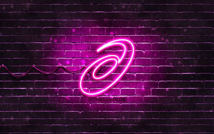 asics purple-logo, 4k, lila brickwall -, asics-logo, sport-marken, asics neon-logo, asics
