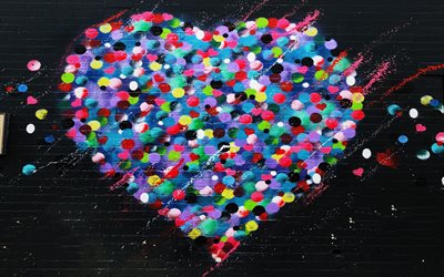 resumo cora&#231;&#227;o, preto brickwall, criativo, arte de rua, conceitos de amor, cora&#231;&#245;es