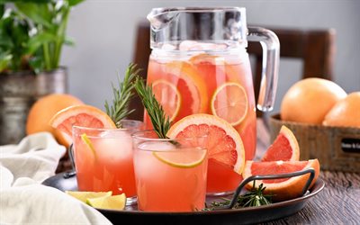 grapefruit juice, glass jug with juice, citrus juice, grapefruits, citruses, juice