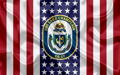 uss lake champlain emblem, cg-57, american flag, us-navy, usa, uss lake champlain abzeichen, us-kriegsschiff, wappen der uss lake champlain
