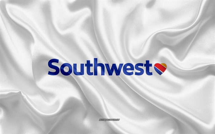 Southwest Airlines logo, u&#231;ak, beyaz ipek doku, havayolu logoları, Southwest Havayolları amblemi, ipek arka plan, ipek bayrak, Southwest Airlines