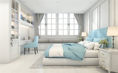quarto projeto, cinzento-azul do quarto, brilhante quarto, um design interior moderno, design interior cl&#225;ssico, quarto