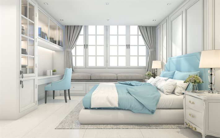 bedroom project, gray-blue bedroom, bright bedroom, modern interior design, classic interior design, bedroom