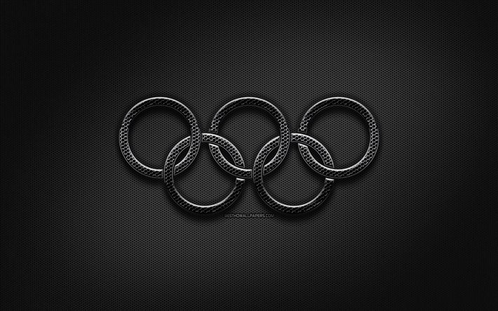 Olympic rings, black metal rings, artwork, creative, grid metal background, olympic symbols, Metal Olympic Rings