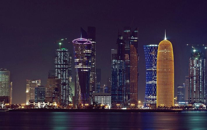 Doha, modern buildings, nightscapes, skyscrapers, Qatar, Asia, Doha at night