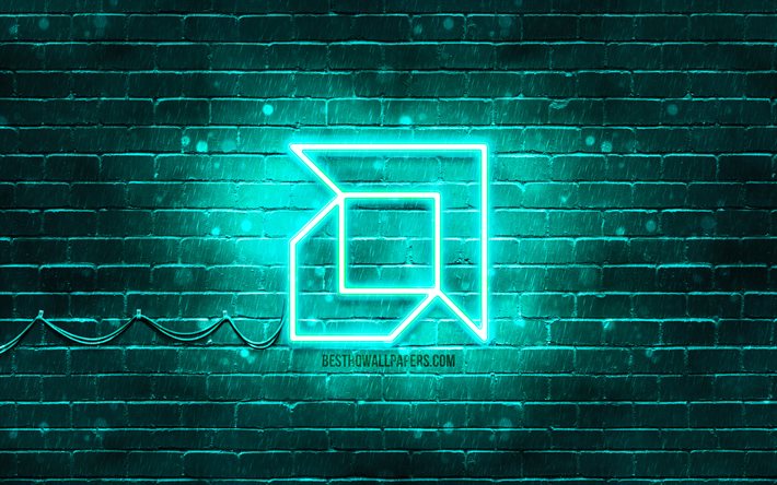 AMD turquoise logo, 4k, turquoise brickwall, AMD logo, brands, AMD neon logo, AMD