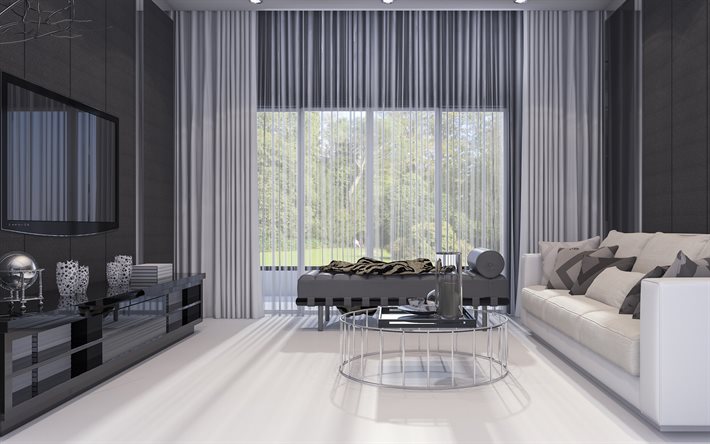 居室プロジェクト, 白とグレーのビ, 白と黒の内装, モダンなインテリアデザイン, 居室, 丸chromeガラステーブル