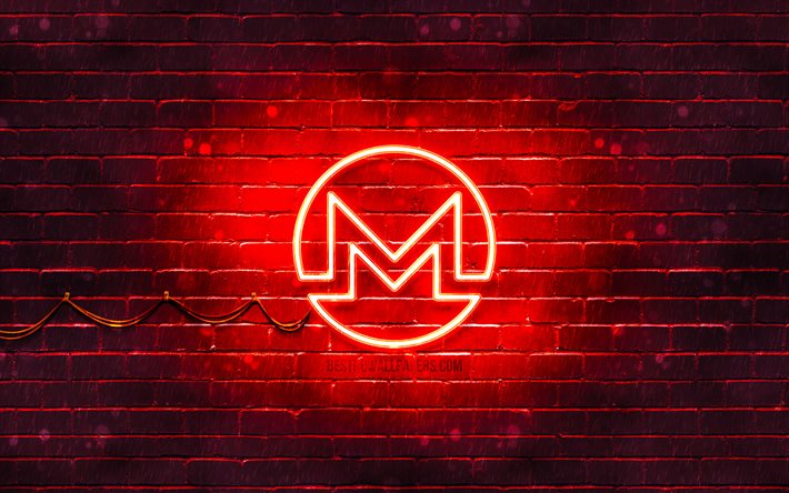 monero red-logo, 4k, red brickwall, monero logo, kryptogeld, peercoin neon-logo, kryptogeld zeichen, monero