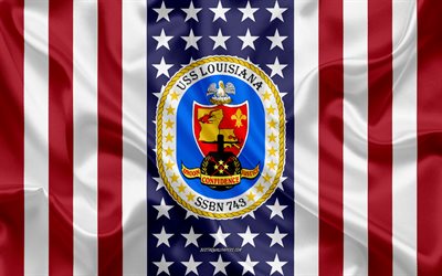uss louisiana-emblem, ssbn-743, american flag, us-navy, usa, uss louisiana abzeichen, us-kriegsschiff, wappen der uss louisiana