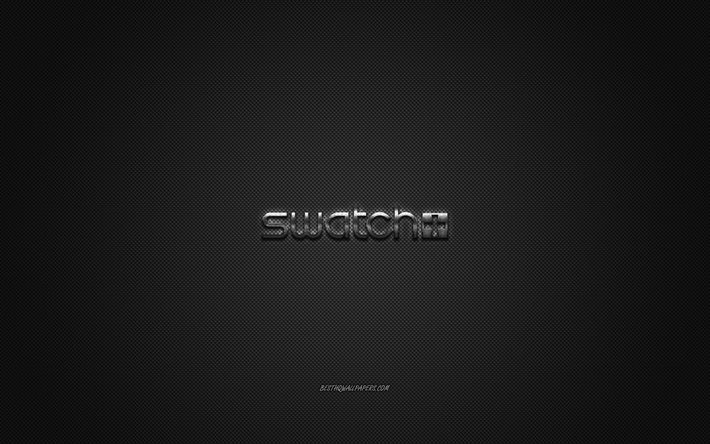 Swatch logo, metal emblem, apparel brand, black carbon texture, global apparel brands, Swatch, fashion concept, Swatch emblem