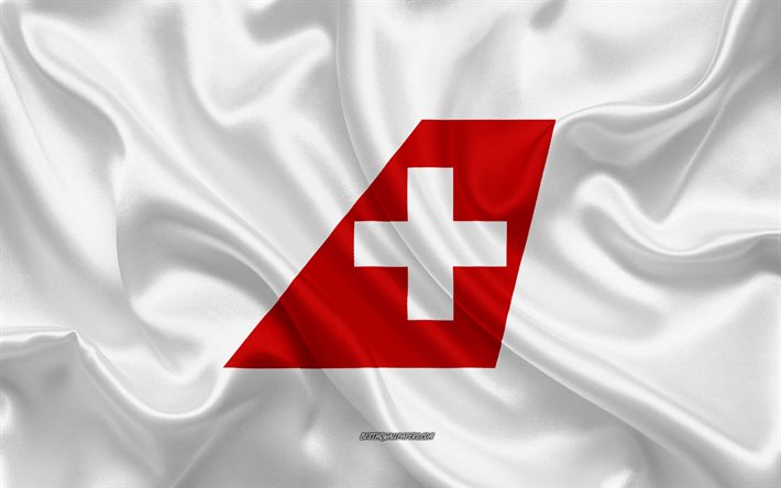 Swiss International Air Lines logo, airline, white silk texture, airline logos, Swiss International Air Lines emblem, silk background, silk flag, Swiss International Air Lines