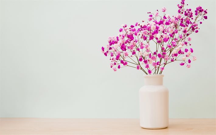 purple spring flowers, flower vase, stylish pink vase, flowers on the table, spring, beautiful flowers