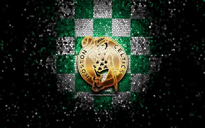 Boston Celtics, glitter logo, NBA, green white checkered background, USA, canadian basketball team, Boston Celtics logo, mosaic art, basketball, America