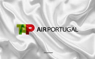 TAP Portugal logotipo de la aerol&#237;nea, el blanco de seda textura de las l&#237;neas a&#233;reas, logotipos, TAP Portugal con el emblema de la seda de fondo, bandera de seda, TAP Portugal