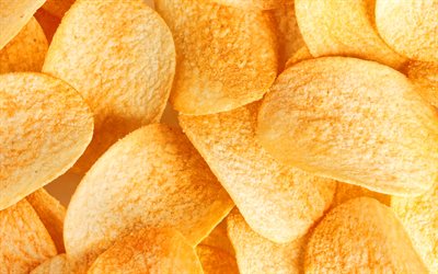 kartoffel-chips, 4k, makro, fast food, junk food, chips, hintergrund mit chips