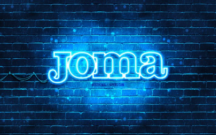 Logo bleu Joma, 4k, brickwall bleu, logo Joma, marques de sport, logo Joma n&#233;on, Joma
