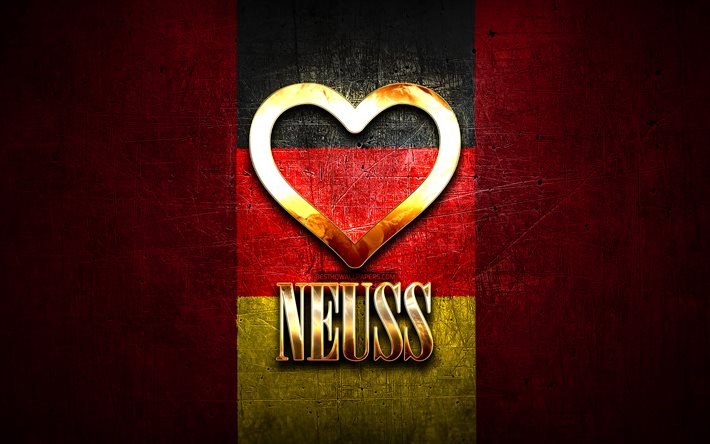 Rakastan Neussia, saksalaiset kaupungit, kultainen kirjoitus, Saksa, kultainen syd&#228;n, Neuss lippulla, Neuss, suosikkikaupungit, Love Neuss