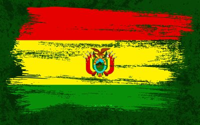 4k, drapeau de la Bolivie, drapeaux de grunge, pays d&#39;Am&#233;rique du Sud, symboles nationaux, coup de pinceau, drapeau bolivien, art grunge, Am&#233;rique du Sud, Bolivie