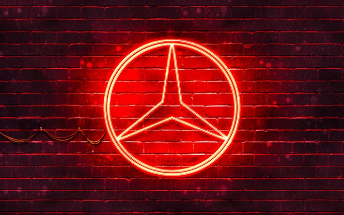 Mercedes-Benz punainen logo, 4k, punainen tiilisein&#228;, Mercedes-Benz-logo, automerkit, Mercedes-logo, Mercedes-Benz neon-logo, Mercedes-Benz
