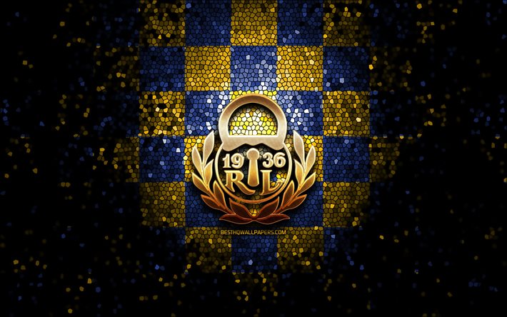 Rauman Lukko, logotipo com glitter, Liiga, fundo xadrez amarelo azul, h&#243;quei, time finland&#234;s de h&#243;quei, logotipo Rauman Lukko, arte em mosaico, liga finlandesa de h&#243;quei