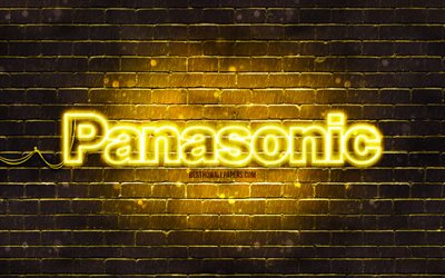 Panasonic keltainen logo, 4k, keltainen tiilisein&#228;, Panasonic-logo, tuotemerkit, Panasonic-neon-logo, Panasonic