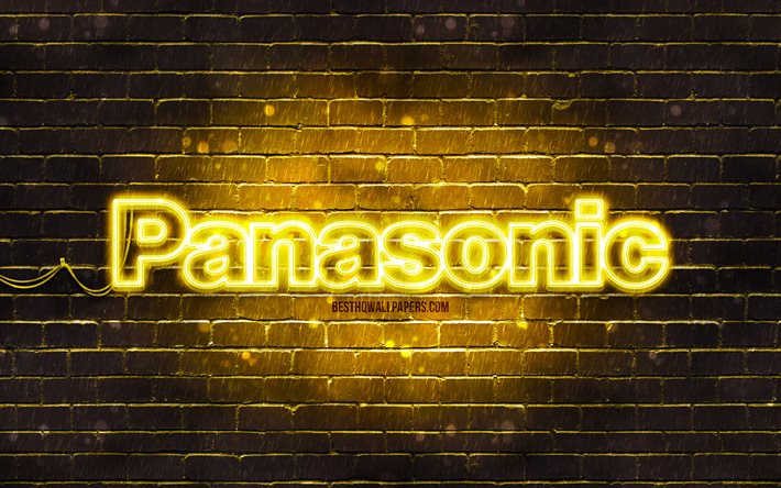 Logo giallo Panasonic, 4k, brickwall giallo, logo Panasonic, marchi, logo neon Panasonic, Panasonic