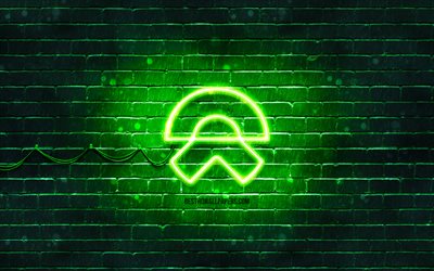 Logo verde NIO, 4k, muro di mattoni verde, logo NIO, marchi di automobili, logo neon NIO, NIO