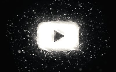 Logo youtube bianco, 4k, luci al neon bianche, social network, creativo, sfondo astratto nero, logo Youtube, Youtube