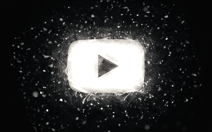 Youtube white logo, 4k, white neon lights, social network, creative, black abstract background, Youtube logo, Youtube