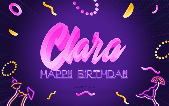 Buon compleanno Clara, 4k, Purple Party Background, Clara, arte creativa, Nome Clara, Compleanno Clara, Sfondo festa di compleanno