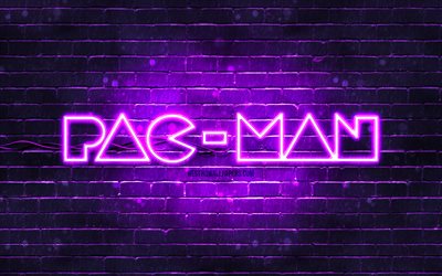 パックマンバイオレットロゴ, 4k, 紫のレンガの壁, パックマンのロゴ, パックマンネオンロゴ, パックマン