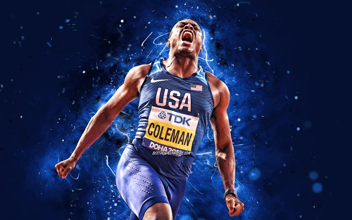Christian Coleman, 4k, luzes azuis de neon, velocista americano, atleta, Equipe Nacional dos EUA, criativo, atletismo, Christian Coleman 4K