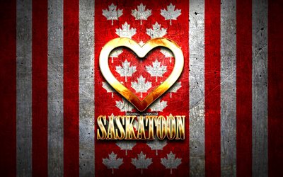 Jag &#228;lskar Saskatoon, kanadensiska st&#228;der, gyllene inskription, Kanada, gyllene hj&#228;rta, Saskatoon med flagga, Saskatoon, favoritst&#228;der, Love Saskatoon