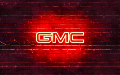 GMC kırmızı logo, 4k, kırmızı tuğla duvar, GMC logosu, otomobil markaları, GMC neon logosu, GMC