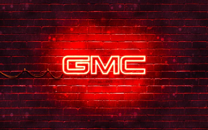 GMC red logo, 4k, red brickwall, GMC logo, cars brands, GMC neon logo, GMC