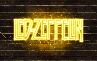 Led Zeppelin yellow logo, 4k, yellow brickwall, british rock band, Led Zeppelin logo, music stars, Led Zeppelin neon logo, Led Zeppelin