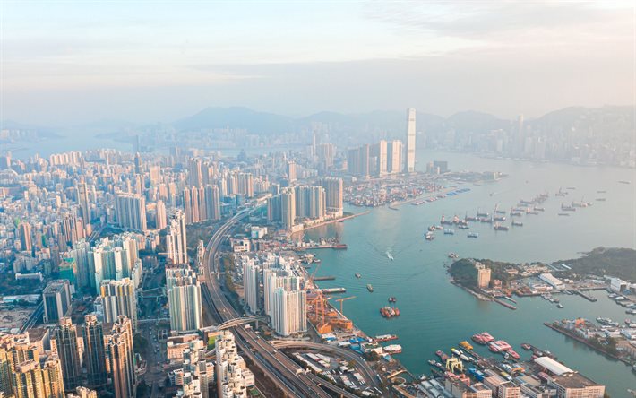 Hongkong, ilmakuva, metropoli, Hongkongin pilvenpiirt&#228;j&#228;t, Kansainv&#228;linen kauppakeskus, Hongkongin panoraama, Hongkongin kaupunkikuva, Hongkongin taivaanranta, Aasia
