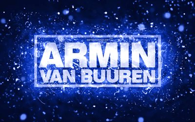 Armin van Buuren dark blue logo, 4k, dutch DJs, dark blue neon lights, creative, dark blue abstract background, Armin van Buuren logo, music stars, Armin van Buuren