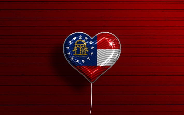 I Love Georgia, 4k, ballons r&#233;alistes, fond en bois rouge, Etats-Unis d’Am&#233;rique, Coeur de drapeau de la G&#233;orgie, drapeau de la G&#233;orgie, ballon avec le drapeau, &#201;tats am&#233;ricains, G&#233;orgie d’amour, Etats-Unis