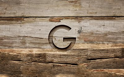 Google wooden logo, 4K, wooden backgrounds, brands, Google logo, creative, wood carving, Google
