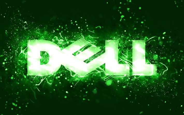 Dell green logo, 4k, green neon lights, creative, green abstract background, Dell logo, brands, Dell
