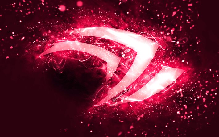 Logo rosa Nvidia, 4k, luci al neon rosa, creativo, sfondo astratto rosa, logo Nvidia, marchi, Nvidia