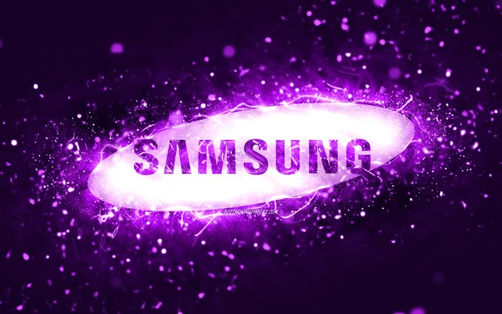 Logotipo violeta da Samsung, 4k, luzes de neon violeta, fundo criativo, violeta abstrato, logotipo da Samsung, marcas, Samsung