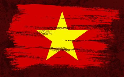 4k, Flag of Vietnam, grunge flags, Asian countries, national symbols, brush stroke, Vietnamese flag, grunge art, Vietnam flag, Asia, Vietnam