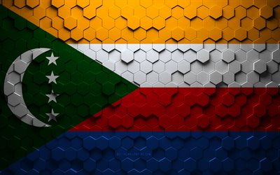 Drapeau des Comores, art en nid d’abeille, drapeau hexagonaux des Comores, Comores, art hexagonaux 3D, drapeau des Comores
